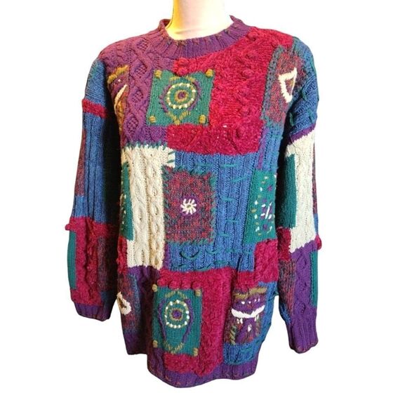 VTG 90s Moody Colorful Chunky Cottagecore Hand Knit...